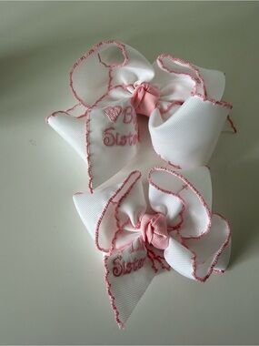 Wee Ones White and Pink 'Little Sister' Embroidered Hair Bows